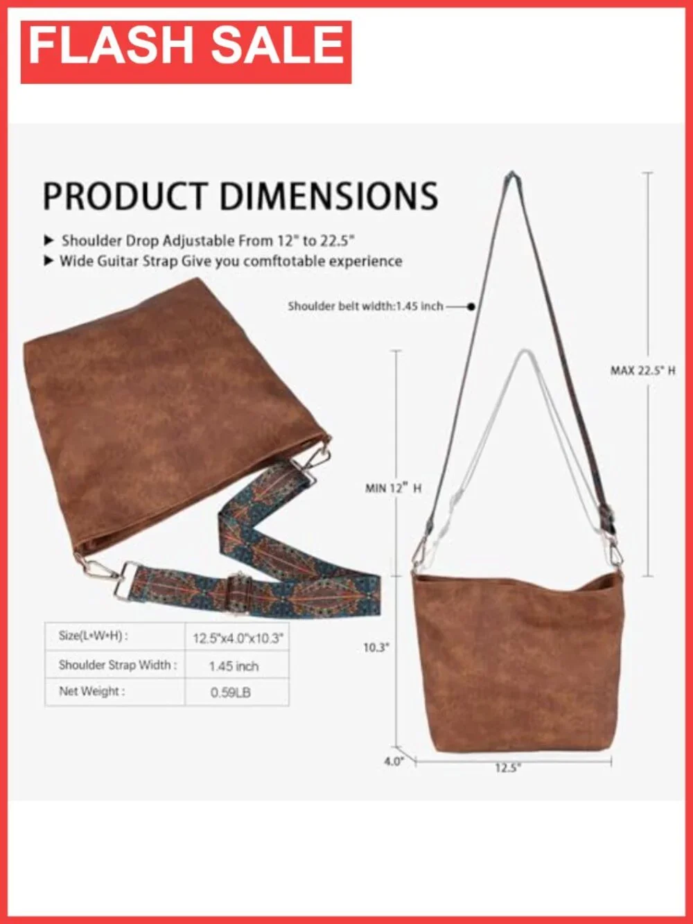 Slouchy Hobo Crossbody Bag Faux Leather Adjustable Guitar Strap Women's Purse